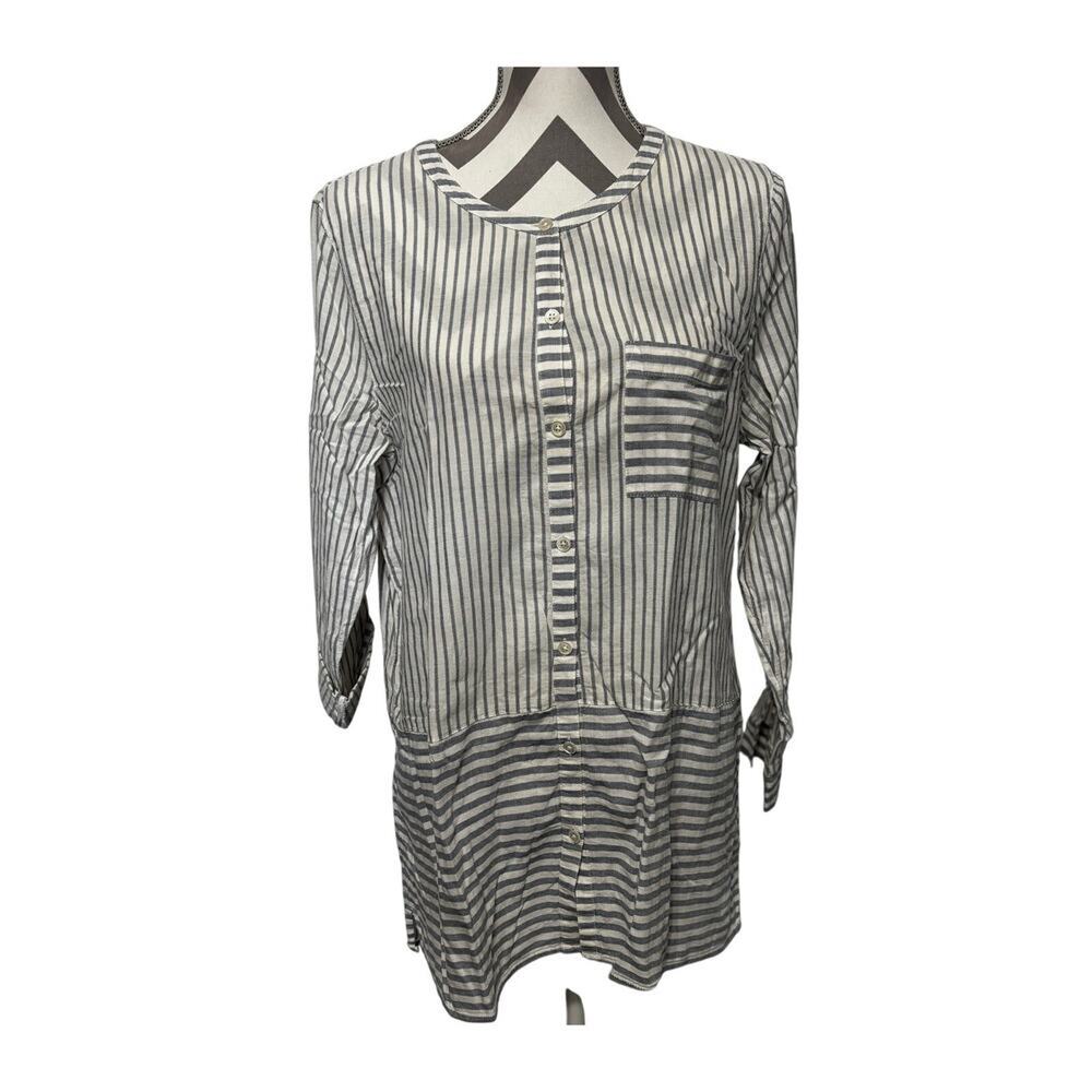 J Jill Cotton Gray White Striped Tunic Top Blouse Button up Large Peplum